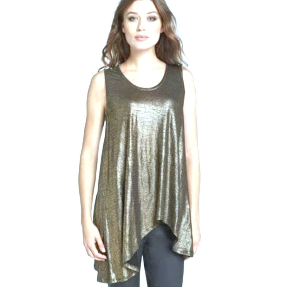 Eileen Fisher Organic Linen Silver Metallic Asymmetrical Tunic Tank Top sz L‎